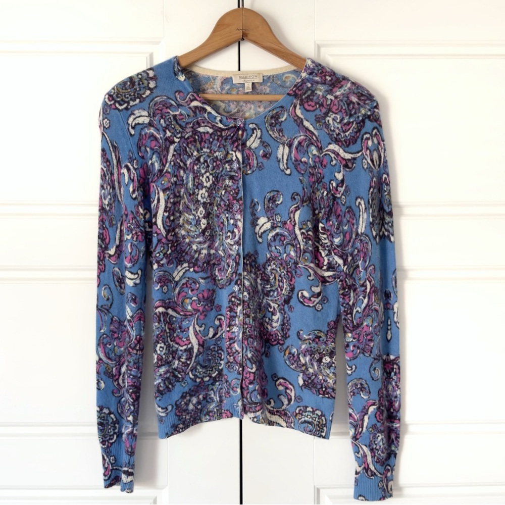 Madison Floral Cashmere Cardigan Sweater Small Button Up Preppy Paisley Classic